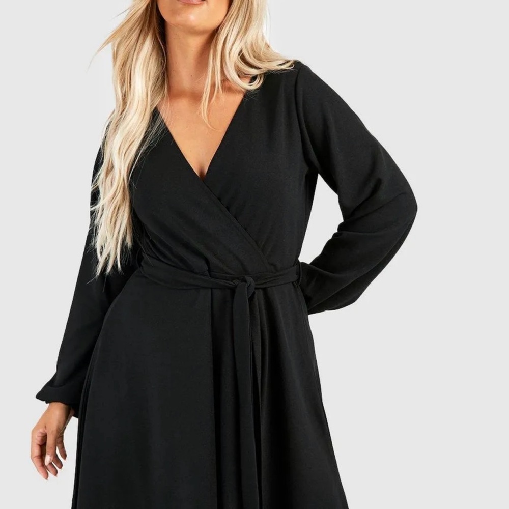 Boohoo Plus Wrap Black Skater Dress - Size 20